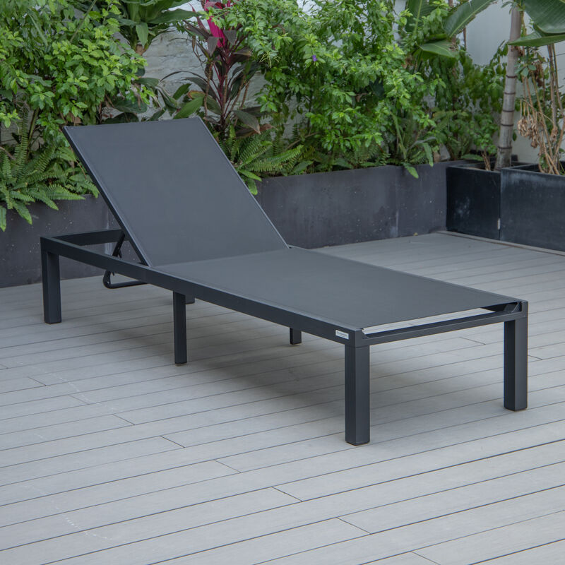 LeisureMod Marlin Modern Black Aluminum Outdoor Patio Chaise Lounge Chair in Black Frame with Square Fire Pit Side Table