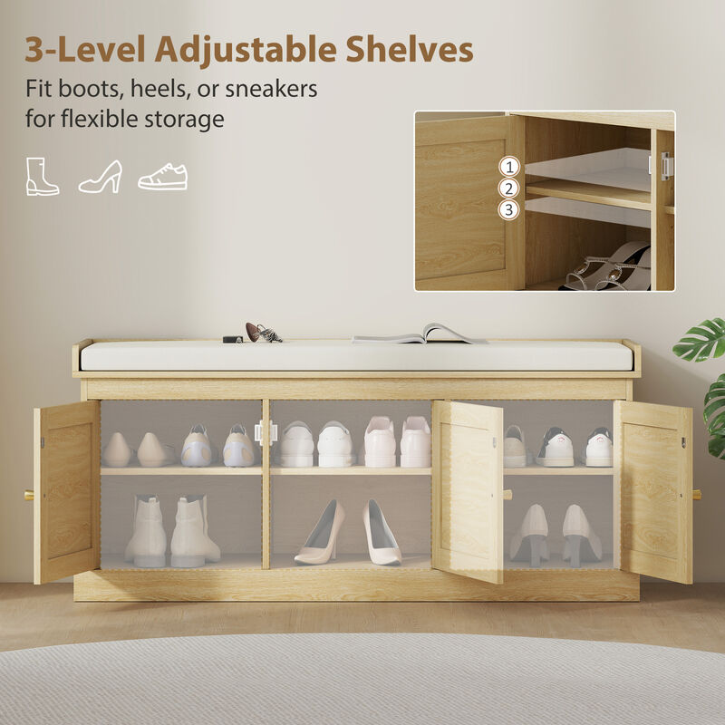 Hivvago Entryway Shoe Bench with Woven Doors and Shelves image number 6
