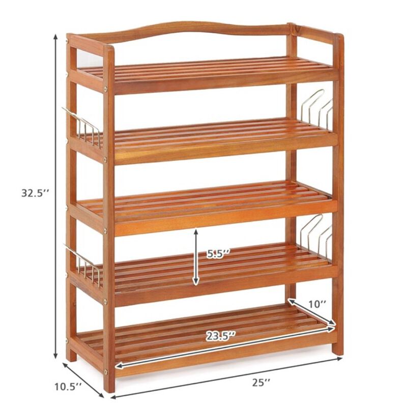 3-Tier Acacia Wood Shoe Rack with Side Metal Hooks for Easy Storage