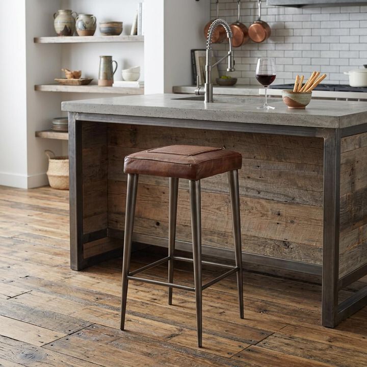 HomeRoots 32" Brown And Gray Genuine Leather And Iron Backless Counter Height Bar Chair
