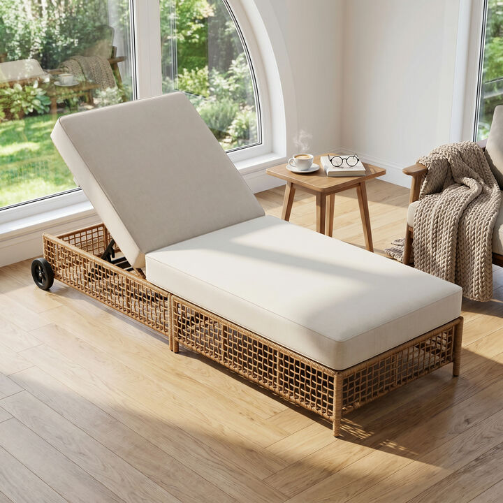 Whisen 78.8" Patio Lounge Chair, PE Rattan Iron with Wheels for Poolside Garden