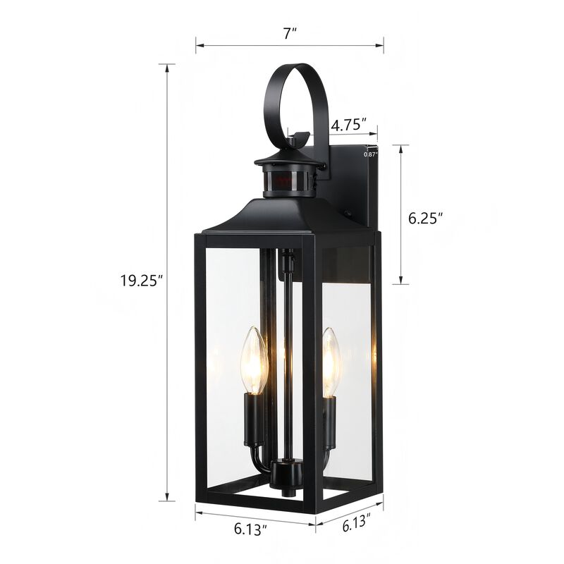 19 in. Modern Farmhouse Black 2-Light Dusk-to-Dawn Motion Sensor Outdoor Wall Lantern with Clear Glass Shade image number 3