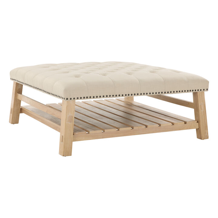 Merax Tufted Ottoman Coffee Table with Nailhead Trim & Storage Shelf &ndash; Solid Wood Legs