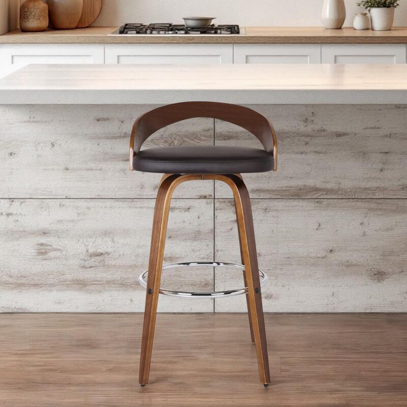 Hivvago 30 Inch Brown Faux Leather and Solid Wood Low Back Bar Height Swivel Bar Chair