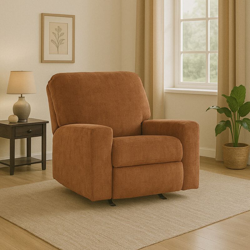 Avie Rocker Recliner Chair, Gentle Motion, Burnt Orange Polyester - Benzara