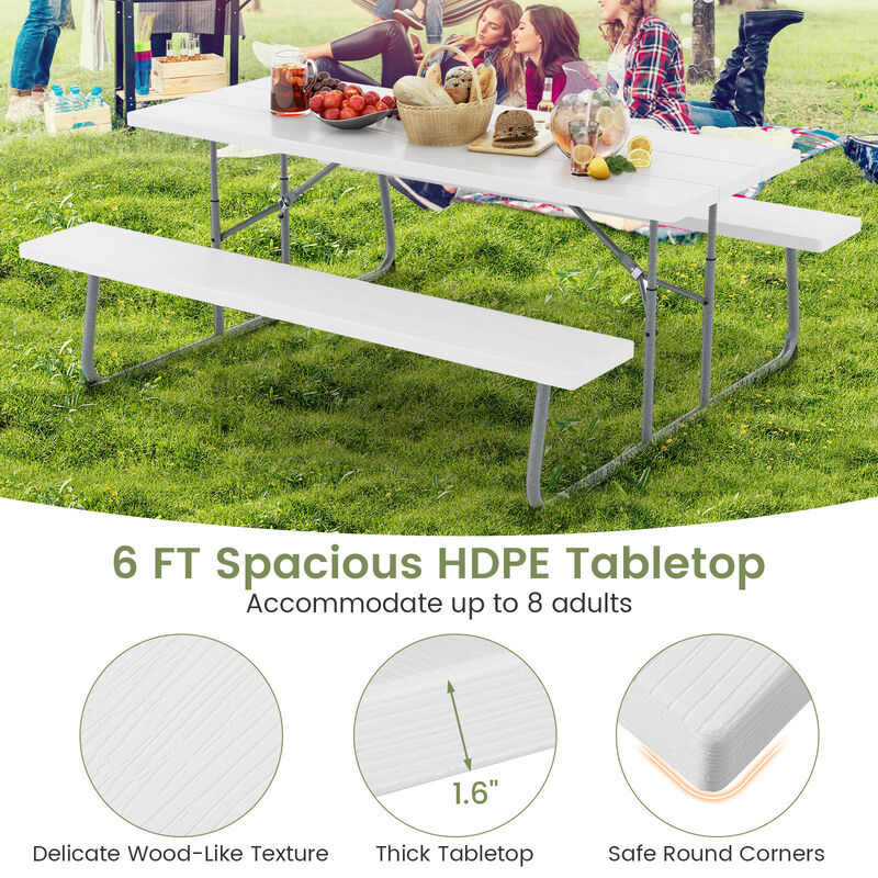 Folding Picnic Table Set with Metal Frame, All-Weather HDPE Tabletop, and Umbrella Hole