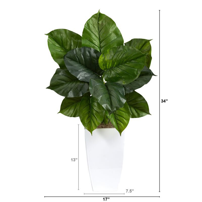 Hivvago 34" Large Philodendron Leaf Artificial Plant in White Metal Planter