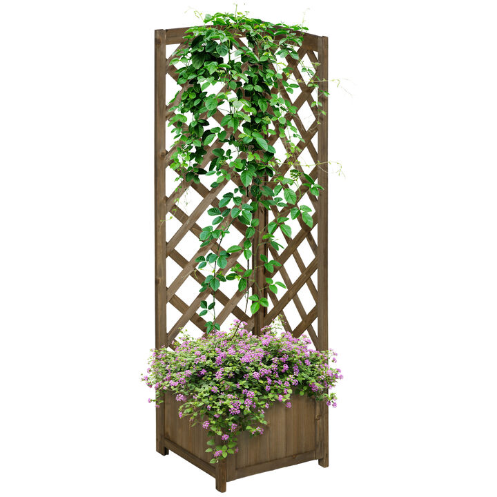 Outsunny Wooden Raised Garden Bed with Trellis, 57" Freestanding Corner Planter Box for Vine Plants Flowers Climbing and Planting Carbonized