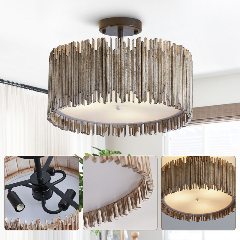 15.5" 3-Light Distressed White Wood Drum Semi Flush Mount Ceiling Light