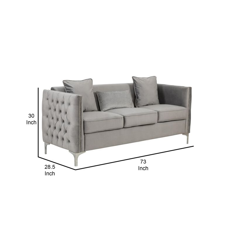 Joel 73 Inch Modern Sofa with 3 Pillows, Tufted Gray Velvet, Silver Legs-Benzara