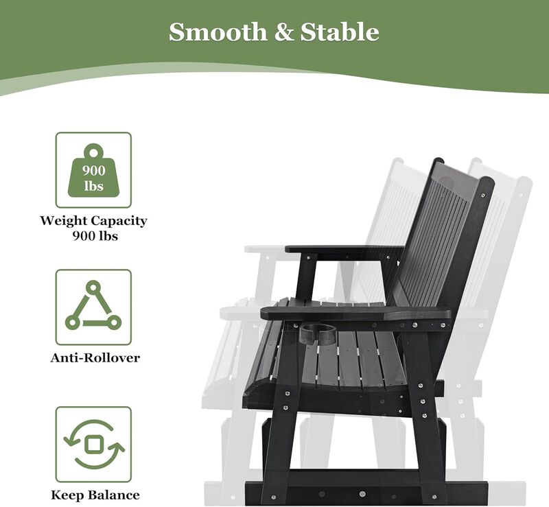 HIPS Patio Glider with Cup Holders, All-Weather Resistant, High Backrest and Deep Contoured Seat, Heavy Duty 900 LB (3-Seat,Black)