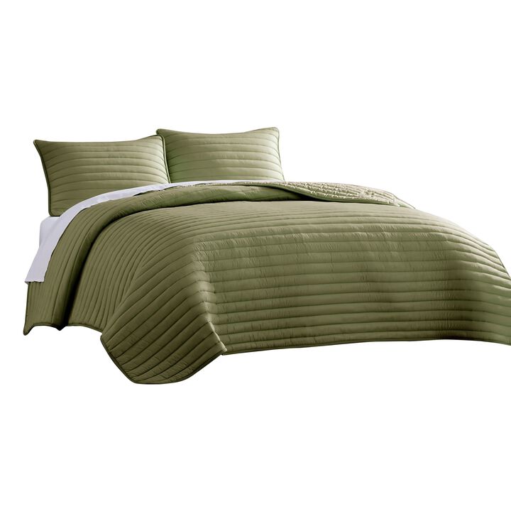 Cabe 3 Piece Queen Comforter Set, Polyester Puffer Channel Quilted, Green - Benzara