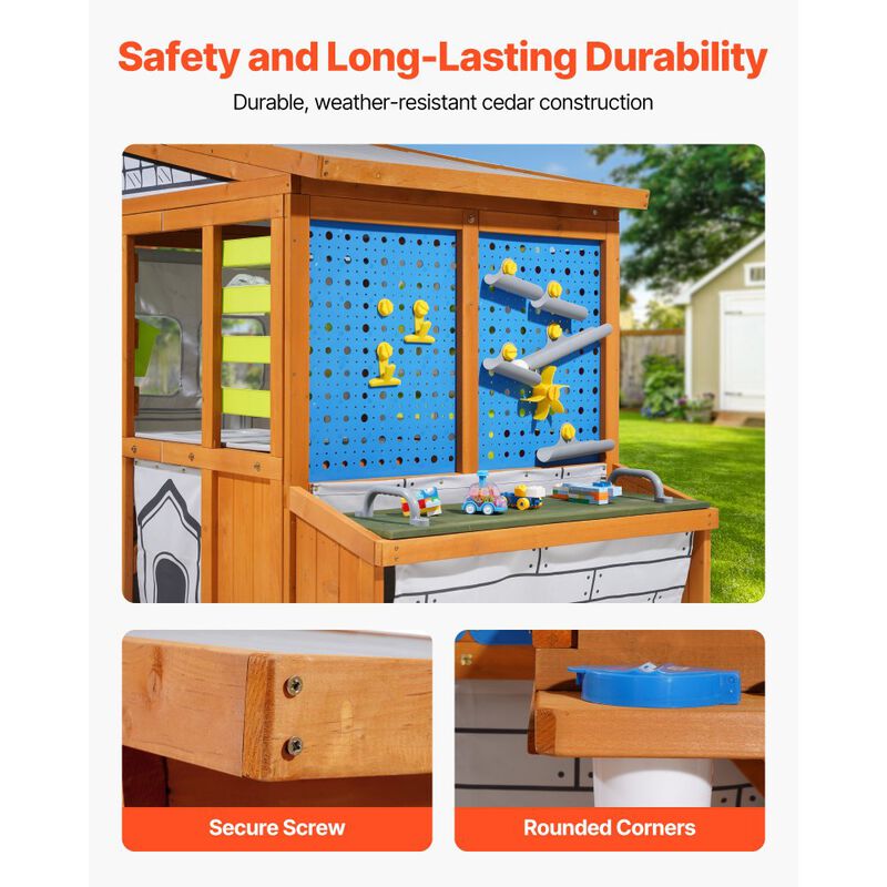 Outdoor Kids Playhouse with Doorbell, Storage Pocket and Gravity Wall Set-Brown image number 7