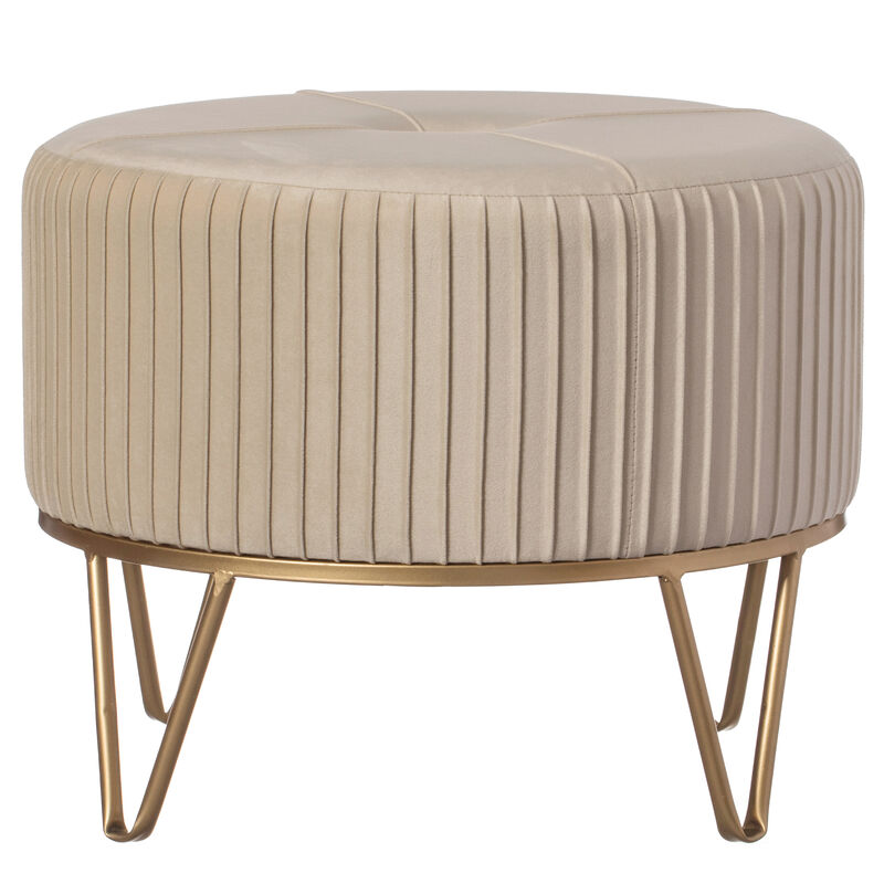 Round Velvet Ottoman Stool Raised with Hairpin Gold Base, Cream, Medium