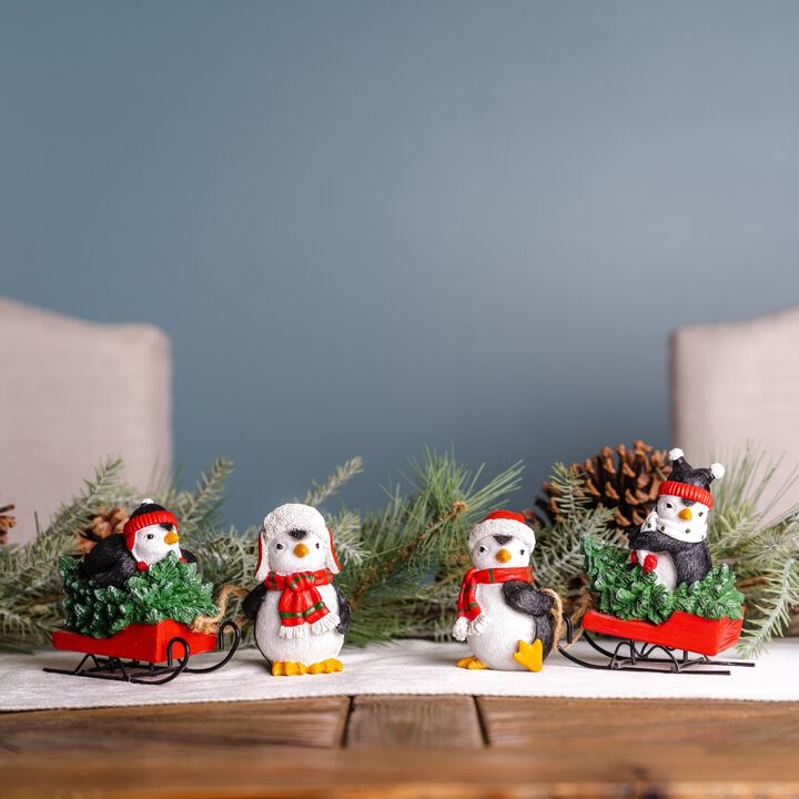 Set of 2 Penguins with Sled for Winter and Festive Decorations