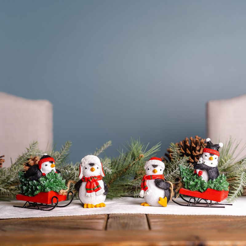 Set of 2 Penguins with Sled for Winter and Festive Decorations