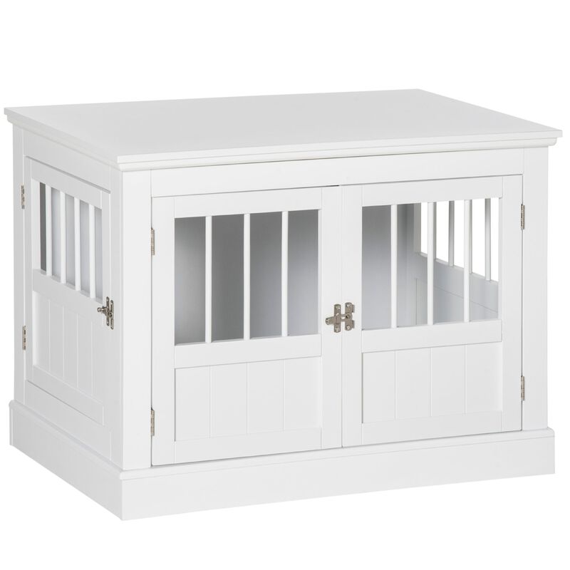 White Pet Haven: Wooden Dog Crate End Table with Triple Doors image number 0
