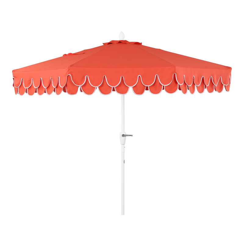 Tracy 9 ft. Classic MidCentury Scalloped Fringe Market Patio Umbrella with Auto-Tilt Crank, Wind Vent and UV Protection