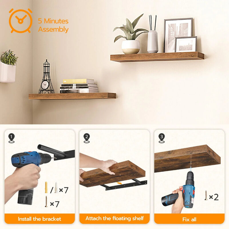 Floating Wall Shelves Set of 2, Wall-Mounted Storage for Bedroom or Living Room-Brown image number 8