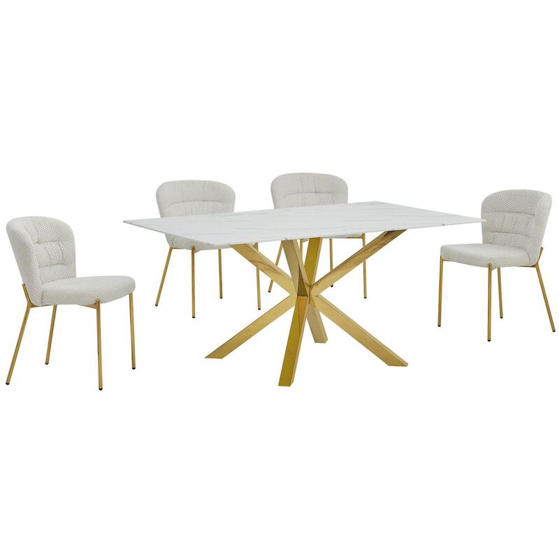 Best Quality Furniture Rectangle White Marble Wrap Glass Dining Table With 4 Cream Side Chairs