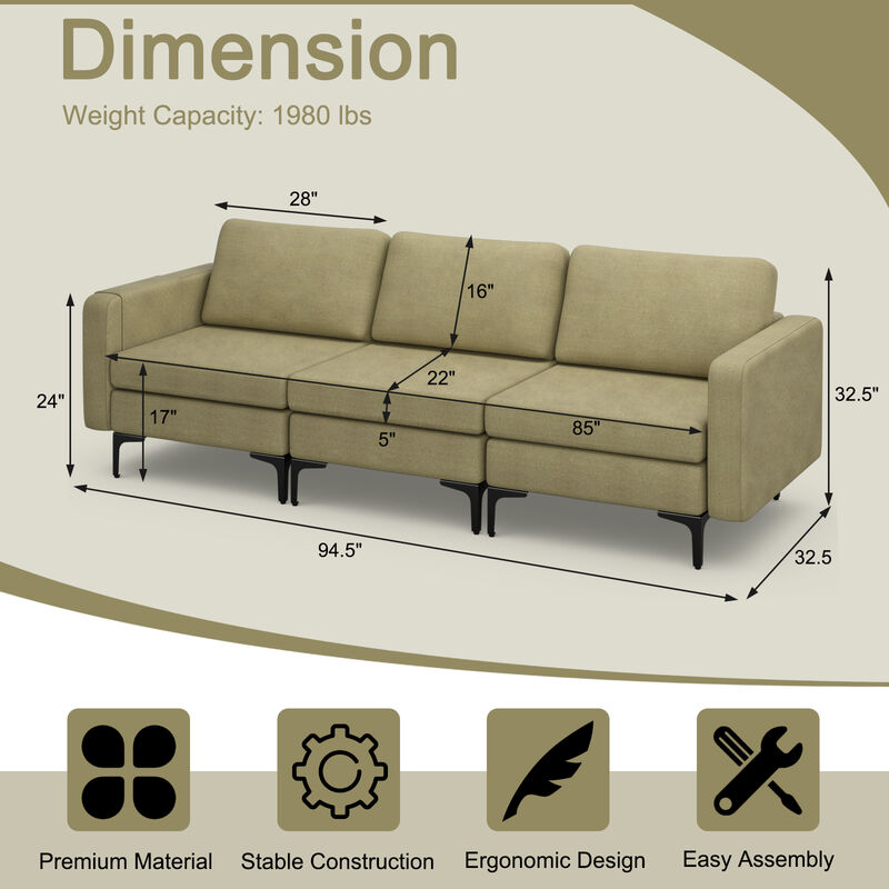 Convertible 3-Seat Sofa Couch with Magazine Pockets and 2 USB Ports for Modern Living Room