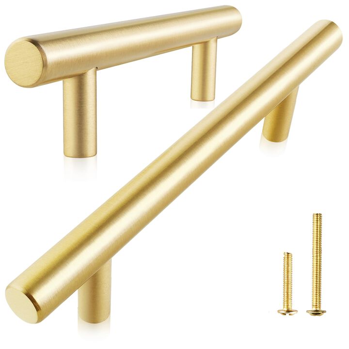 QOGRISUN 5-Pack Solid Brass Cabinet Pulls, Gold Euro Style T Bar Handles, 6-1/4-Inch Hole Center for Kitchen Drawer Dresser Cupb