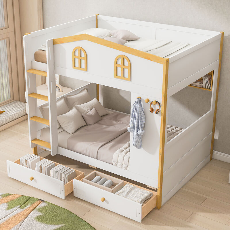Merax House-Shaped Bunk Bed with Storage Shelves, Side Hooks & Under-Bed Drawers image number 2