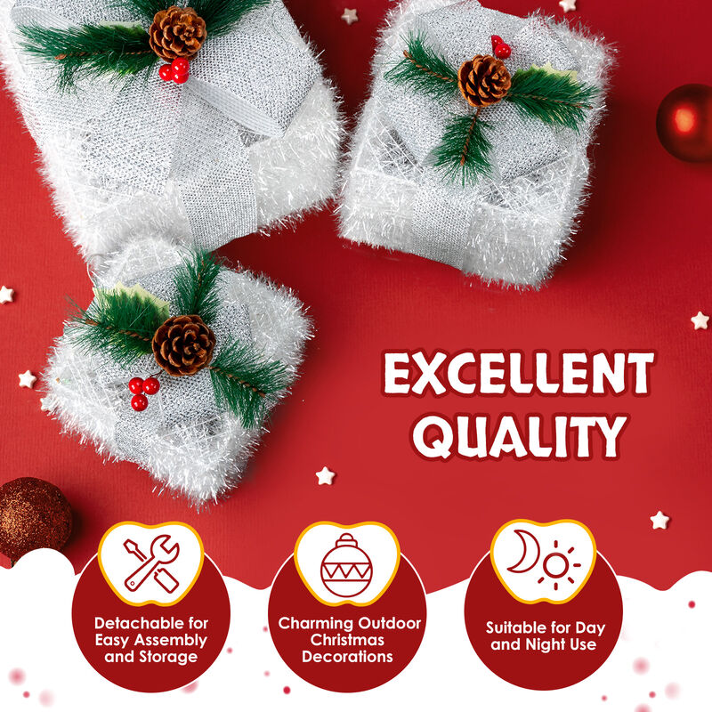 Lighted Gift Boxes Set of 3 Pre-Lit Glitter Present Decor with 48 LED Lights for Indoor & Outdoor