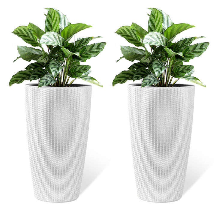 WOW PIONEER Set of 2 Faux Rattan Tall Planters for Indoor Outdoor Use with Automatic Watering System, Water Level Monitor, Inner Bucket for Garden Patio Porch Backyard