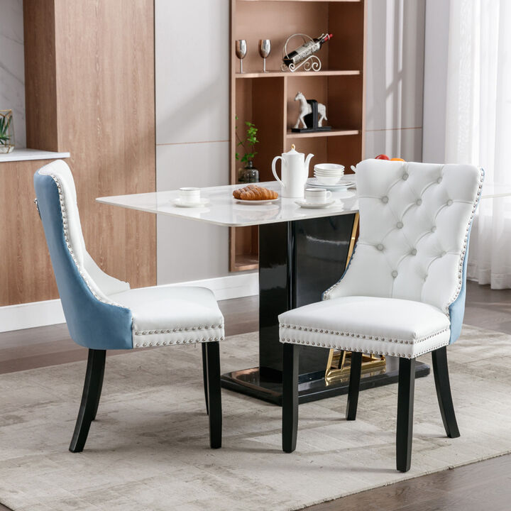 Modern, High-end Tufted Solid Wood Contemporary PU and Velvet Upholstered Dining Chair with Wood Legs Nailhead Trim 2-Pcs Set, White+Light Blue