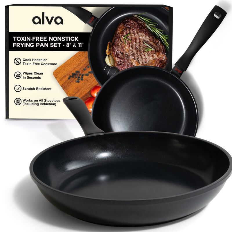 Alva Energy Nonstick Ceramic Frying Pan 2-Piece Set - Lightweight, Easy to Clean and Made without PFAS, PFOA & PTFE - Induction and All Stovetop Compatible with Even Heat Distribution