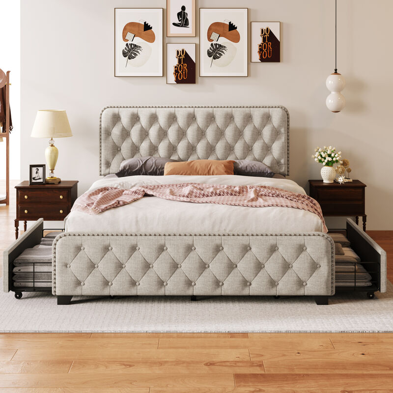 Upholstered Platform Bed Frame with Four Drawers, Button Tufted Headboard and Footboard Sturdy Metal Support, No Box Spring Required, Beige, Queen