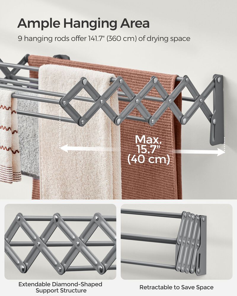 Wall-Mounted Expandable Steel Clothes Drying Rack with 9 Rods
