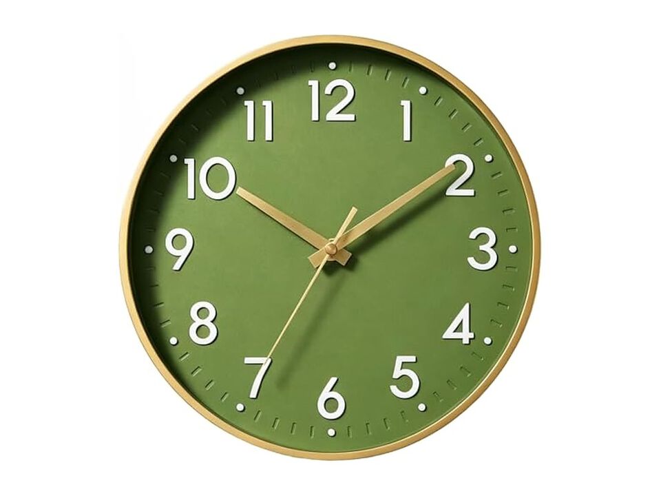 Olive Green Gold Wall Clock 8 Inch Silent Non Ticking Modern Battery Operated