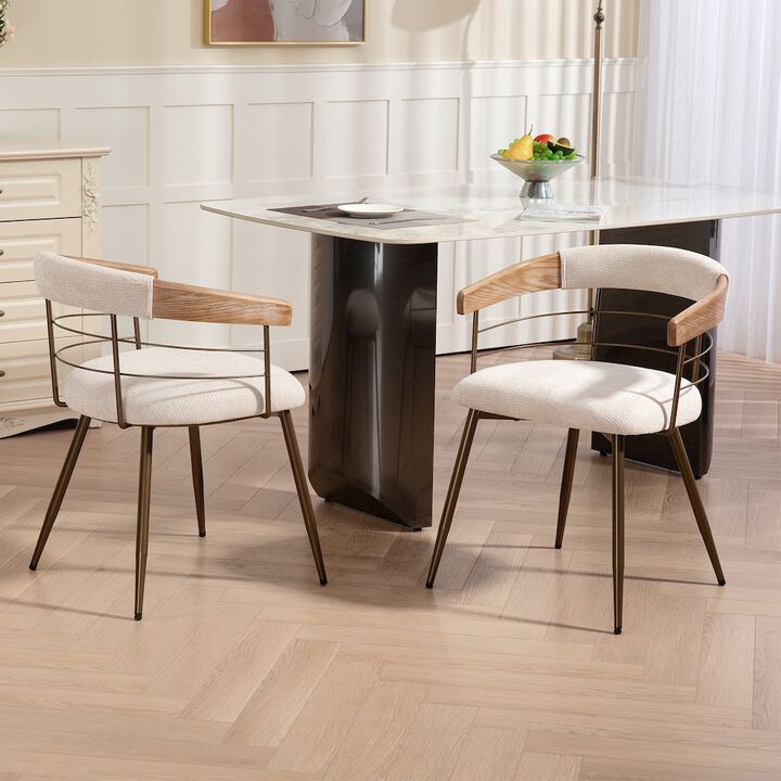 Glamour Home Set of 2 Beige Washed Woven Fabric Dining Chair Natural Wood Arms