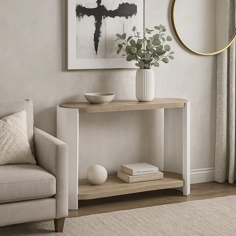 Romani Sofa Console Table, White High Gloss Wood, Brown, Oval 47 Inch