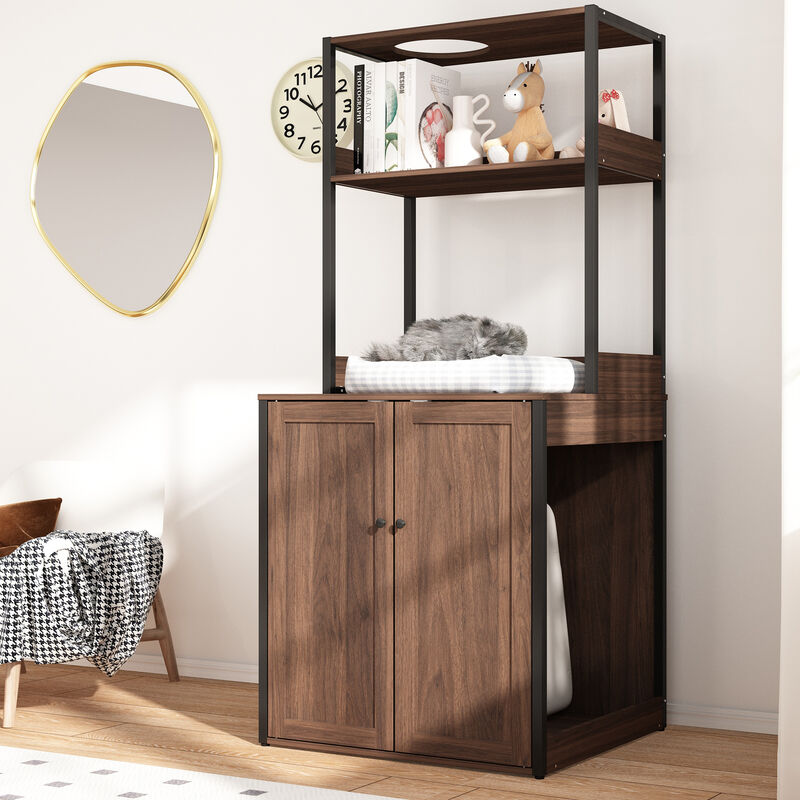 Large Cat Litter Box Enclosure Furniture with Shelves, Cat Washroom Furniture Cat House for Smart Litter Box, in walnut image number 3