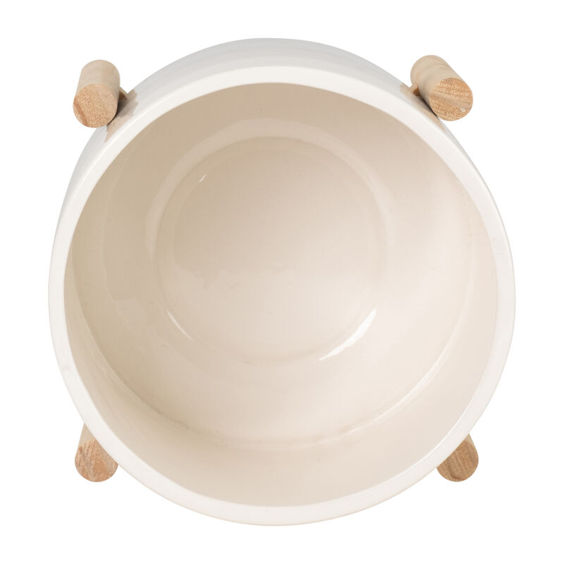 8" Ceramic Planter with Wood Stand, Beige Mix