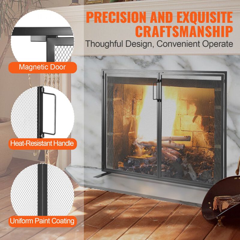 Freestanding Fireplace Spark Screen with Iron Mesh Door, Protective Fire Guard for Home-Black image number 3