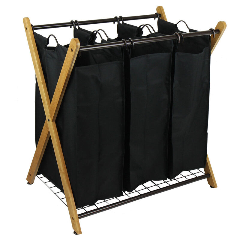 Oceanstar X-Frame Bamboo 3-Bag Laundry Sorter, Black