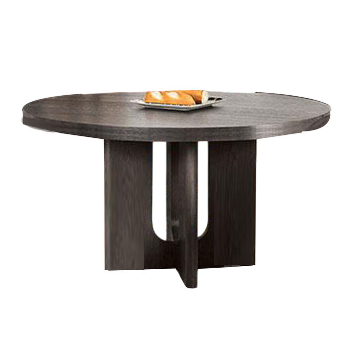 Zoko Round Dining Table, Pedestal Base, Ash Gray, Solid Wood 54 Inch - Benzara
