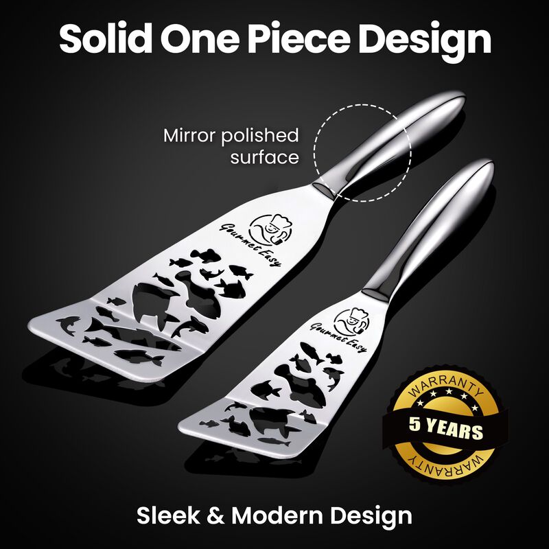 Stainless Steel Fish Spatula Set &ndash; Funky Fish Edition, 1 Large + 1 Small Metal Spatula, Ultra Thin Edge for Easy Turning