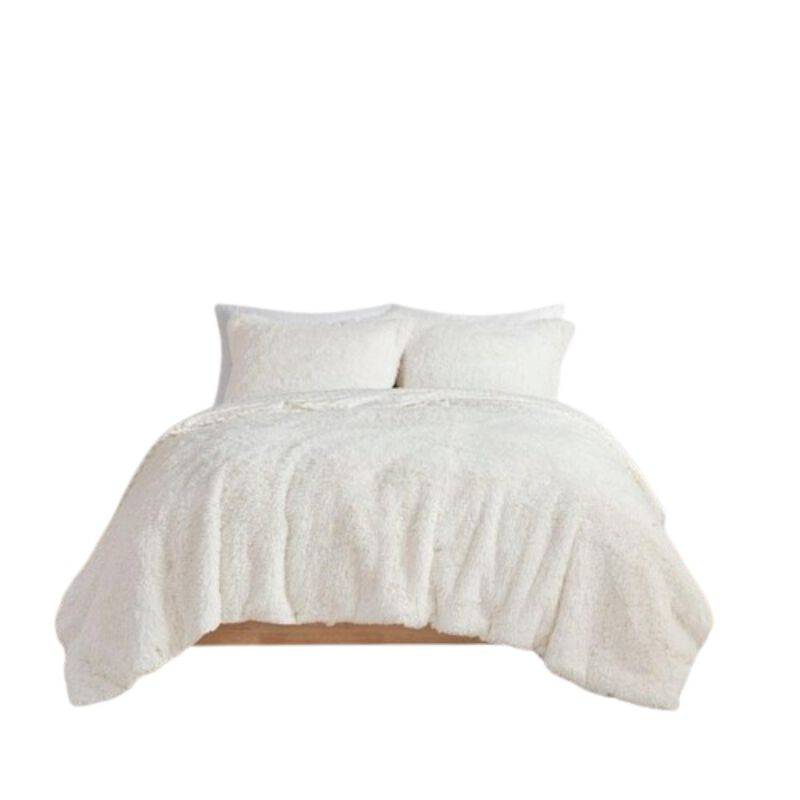 Hivvago Full/Queen size Reversible Soft Sherpa Faux Fur 3 Piece Comforter Set in Ivory