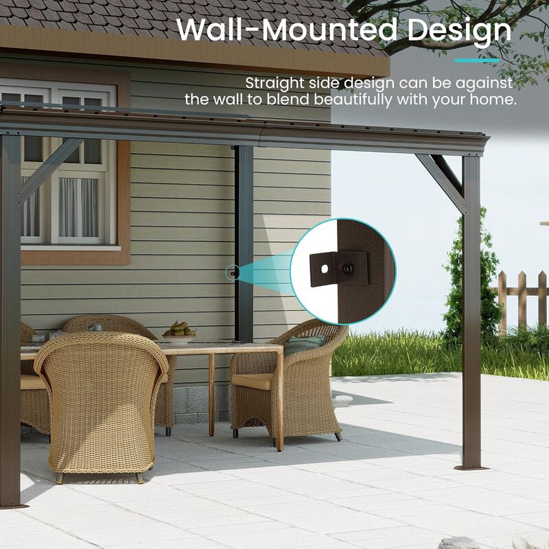 10X12FT Wall Mounted Gazebos Pergola with Built in Drainage System, Galvanized Steel Roof Hardtop Patio Shelter, Gray image number 3