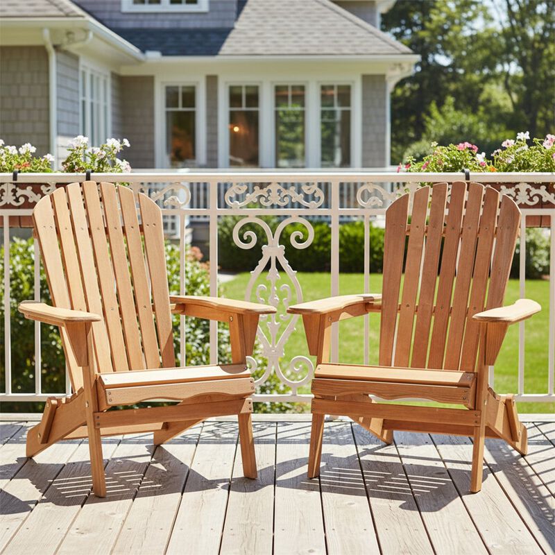 Outdoor Wooden Folding Adirondack Chair Set of 2 with BackRest, Wood Patio Chair for Garden Backyard image number 1