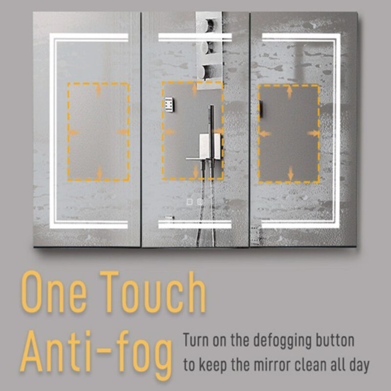 Modern Bathroom Wall Cabinet with Three-Color LED Light and Dual Power Plugs