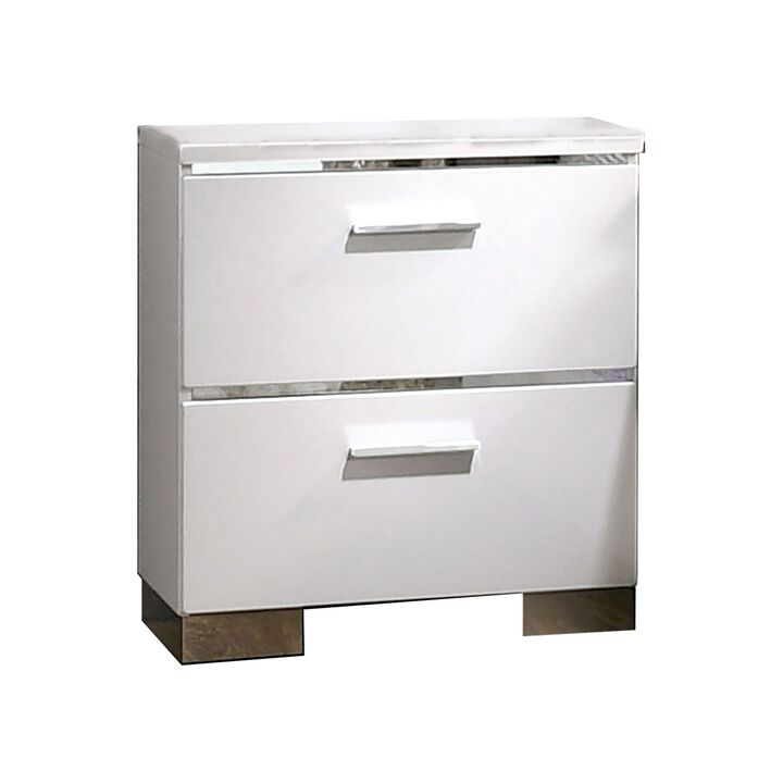 Wood and Metal Nightstand with 2 Drawers,  White and Silver-Benzara