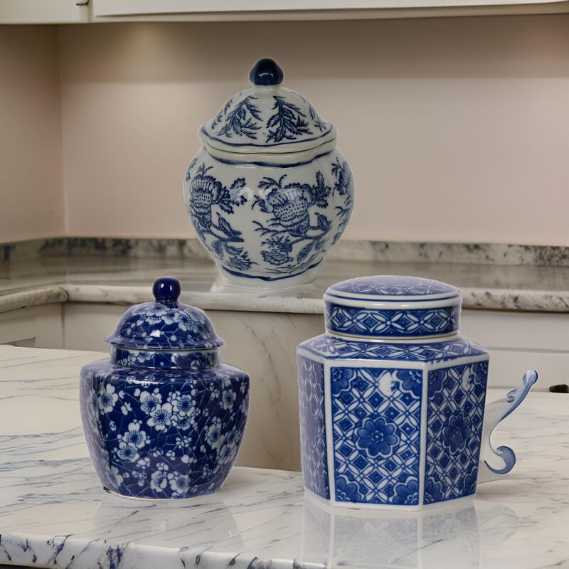 6, 6, 7 Inch Lidded Jars, Persian Inspired Blue Flowers, Curved, Set of 3 - Benzara
