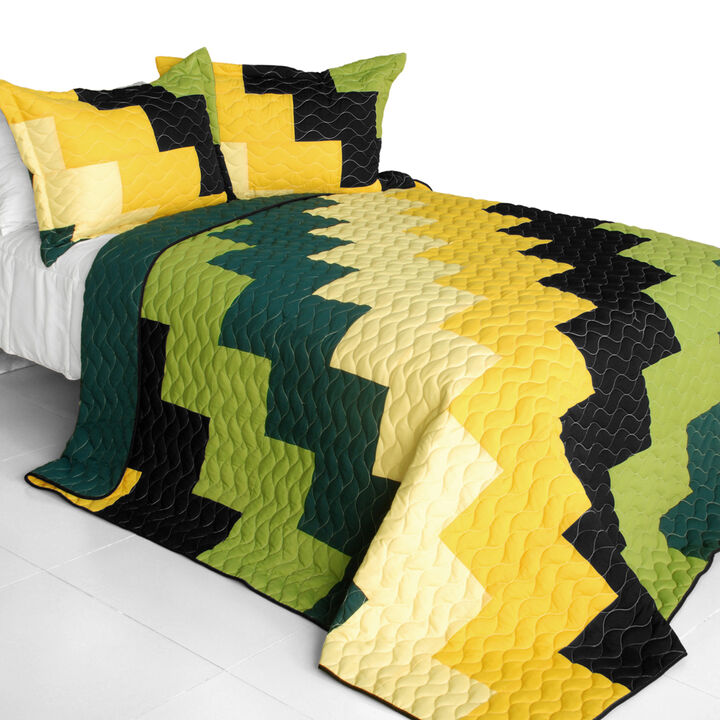 Reversible Queen Size Patchwork Quilt Set with Vermicelli Quilted Detailing-Multi color