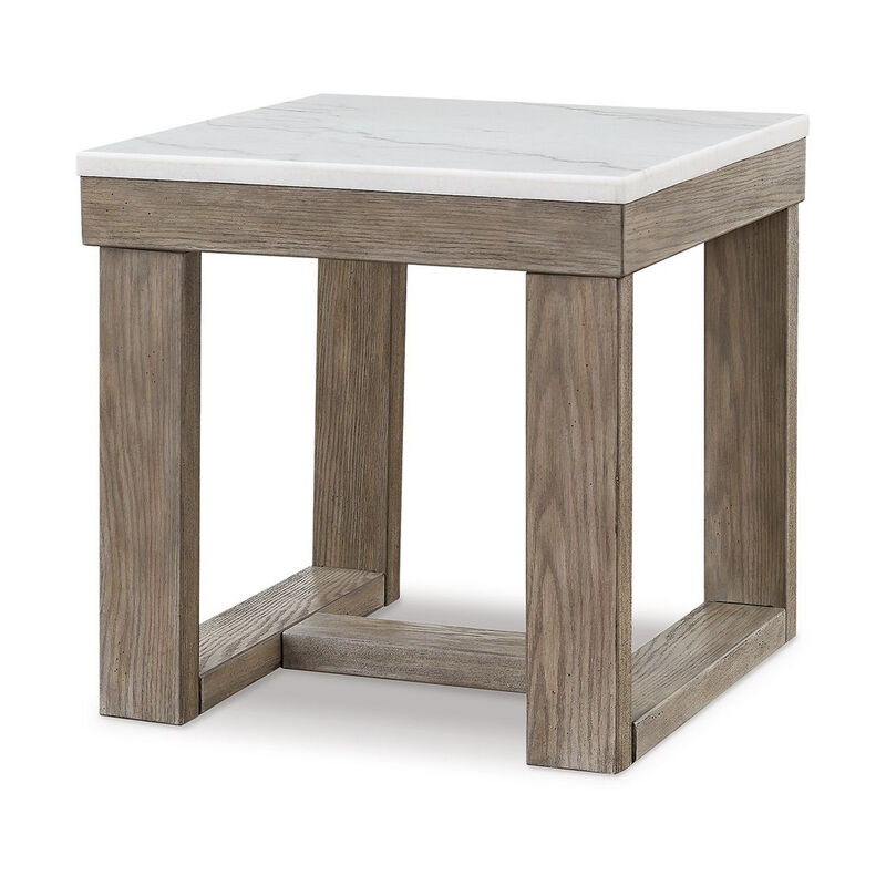 Aska Side End Table, Block Profile, Marble, 24 Inch Taupe Gray Wood
